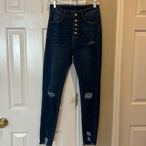Denim - High Waisted Dark Wash Distressed Jeans in Size M.